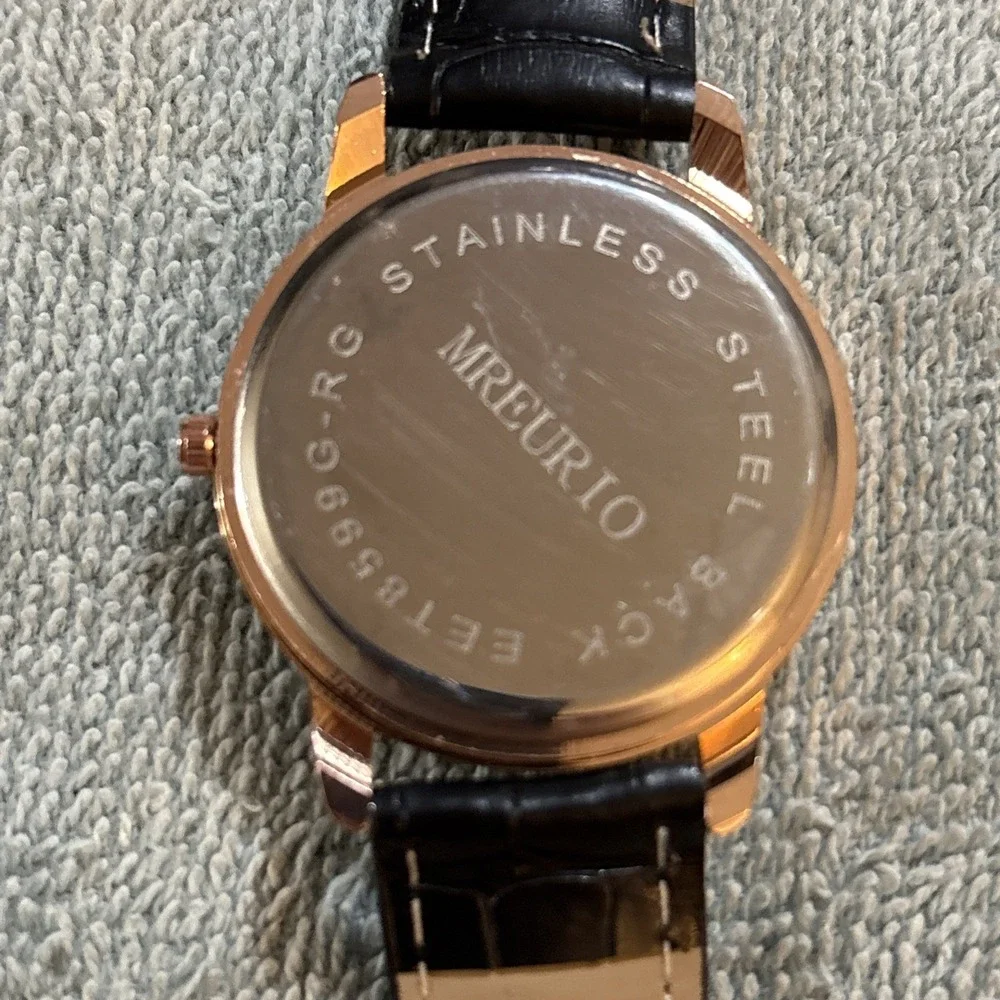 Mreurio White Dial Round Gold Tone Case Black Faux Leather Band Watch